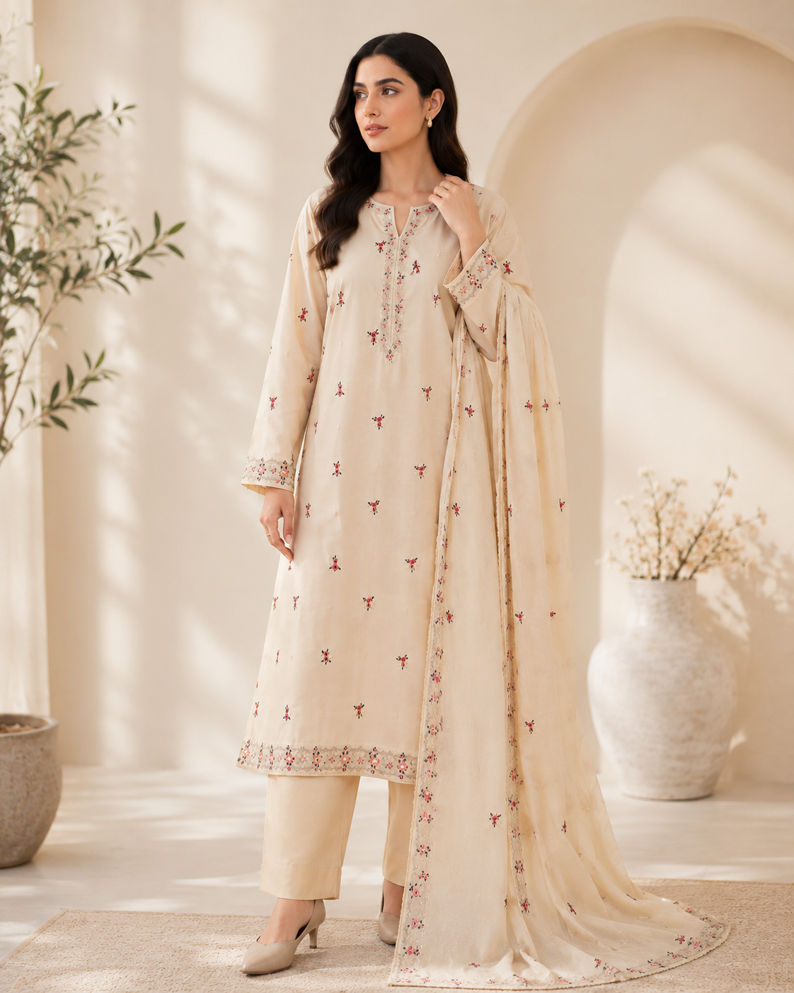 Ivory Bloom Embroidered 2 Piece Suit