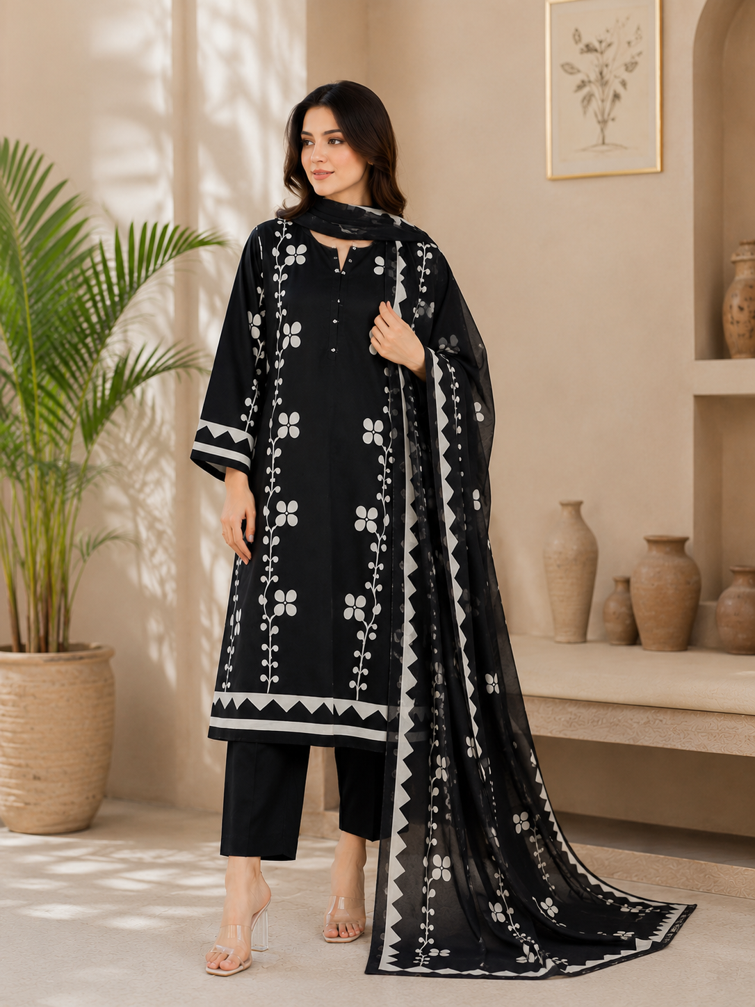 Midnight Bloom – Black Printed 3 Piece Lawn Suit