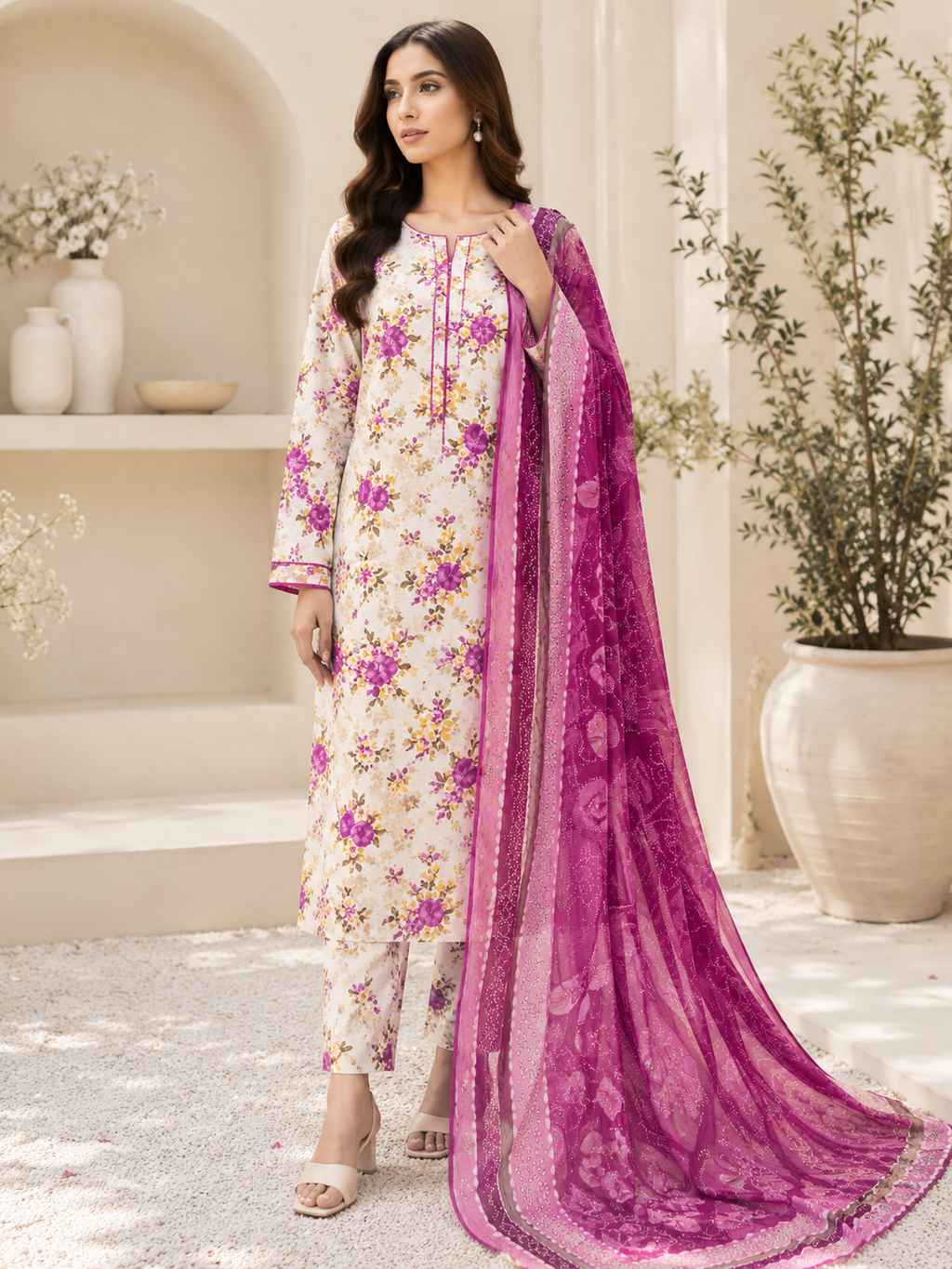 Dastoor Ivory Garden Printed Lawn 3 Piece Suit