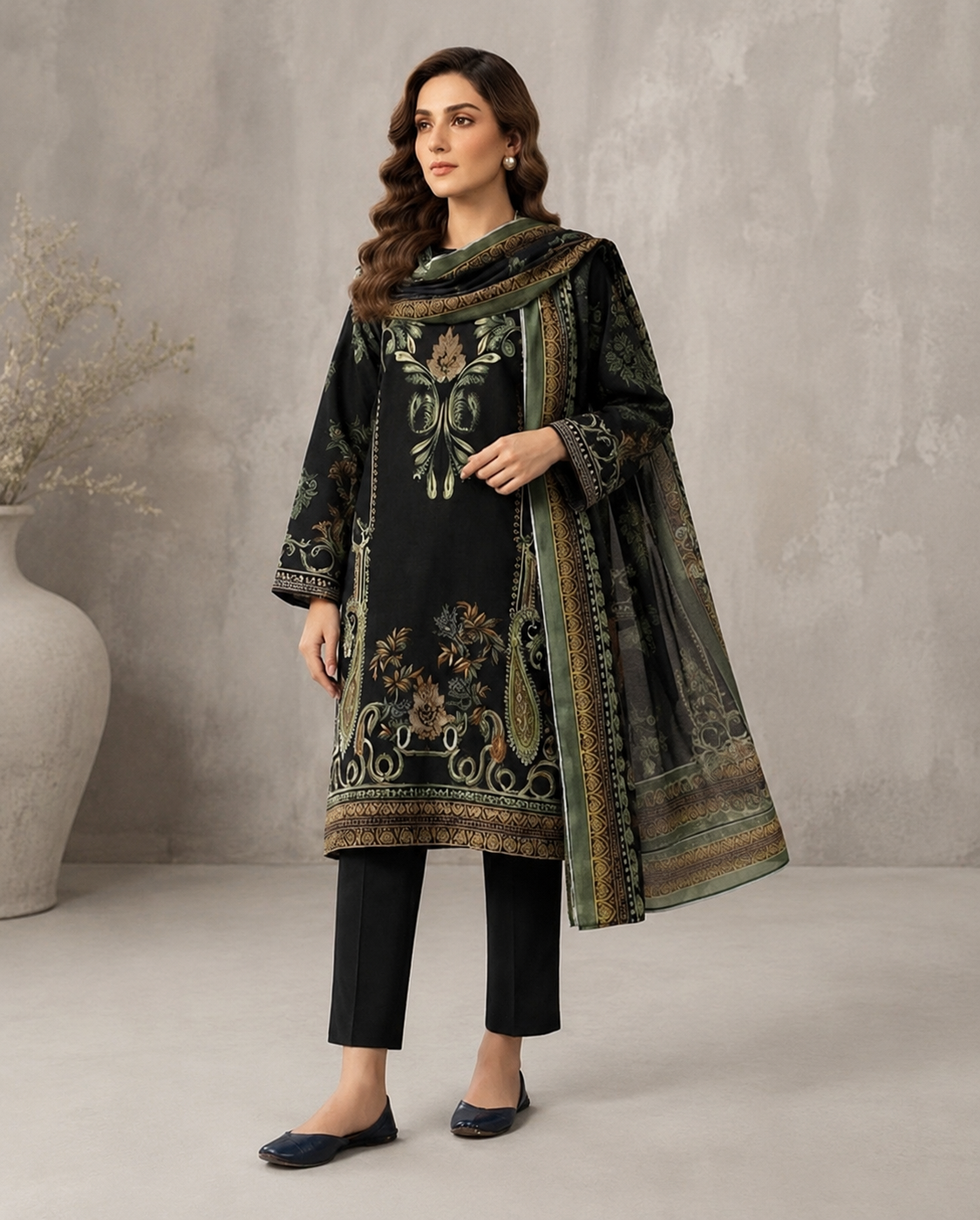 DASTOOR Midnight Olive 3 Piece Printed Lawn Suit