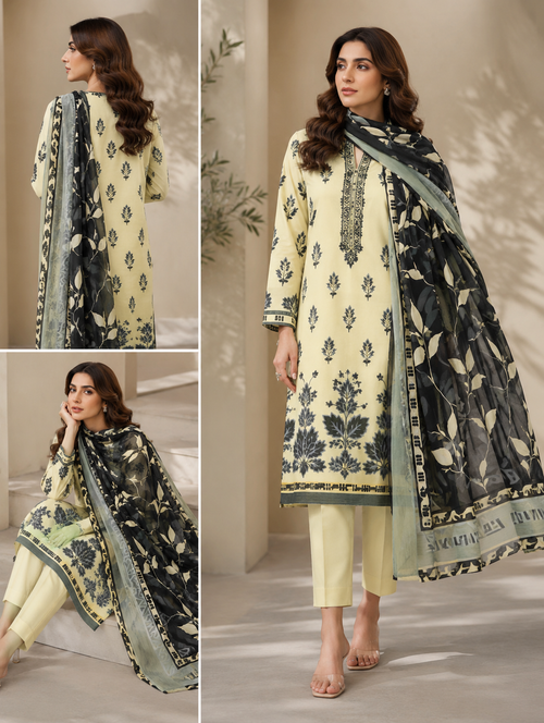 DASTOOR Ivory Noir 3 Piece Printed Lawn Suit
