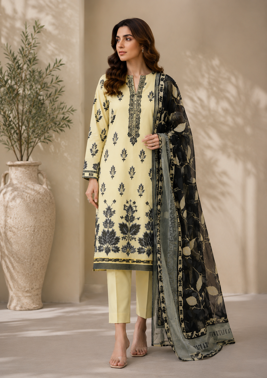DASTOOR Ivory Noir 3 Piece Printed Lawn Suit