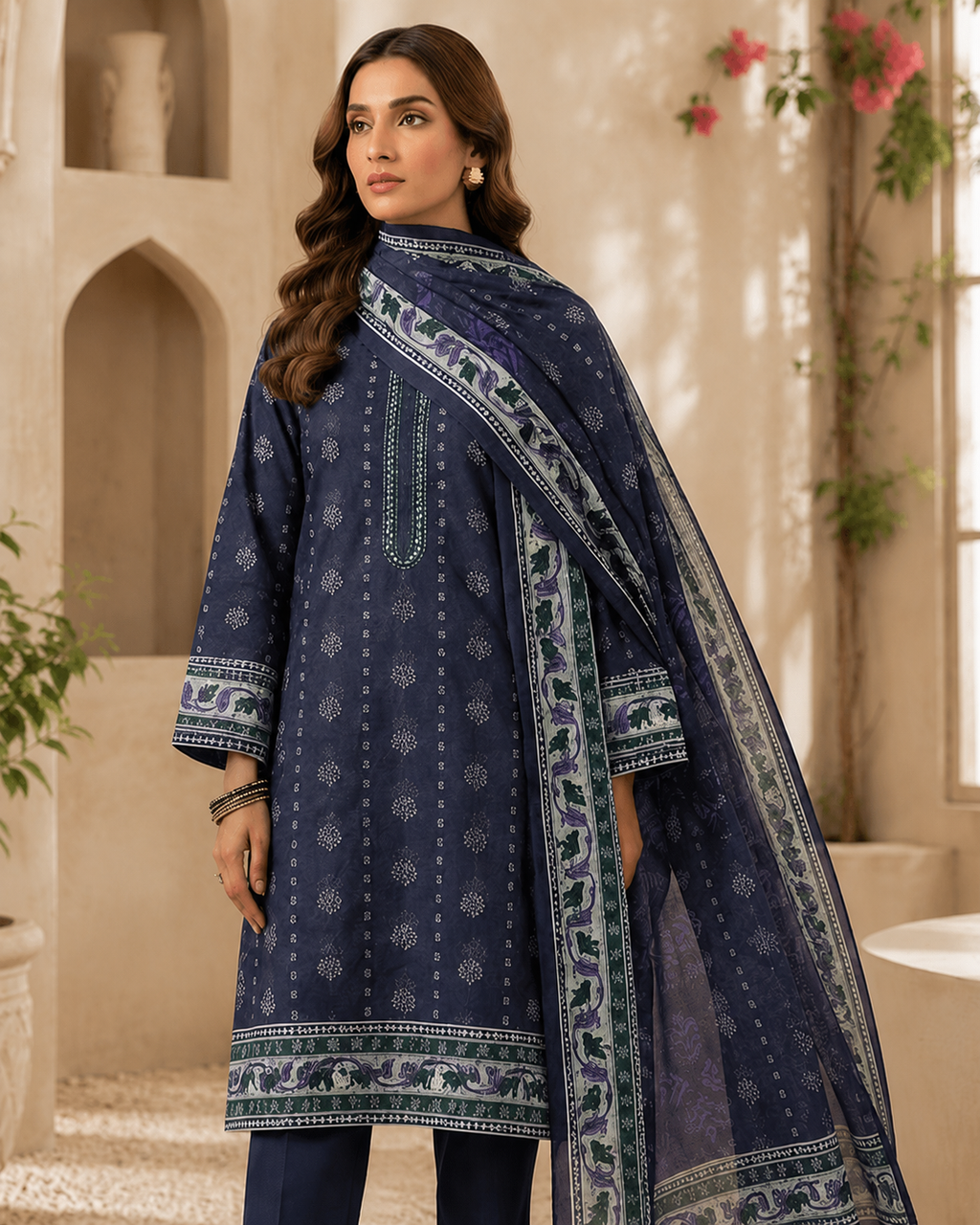 Midnight Bloom Printed Lawn 3 Piece Suit