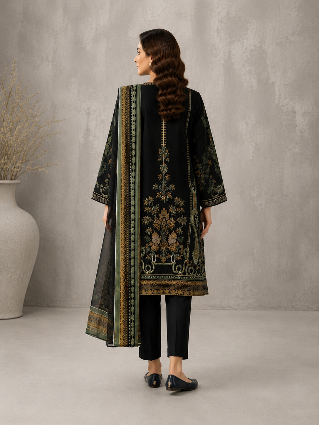 DASTOOR Midnight Olive 3 Piece Printed Lawn Suit